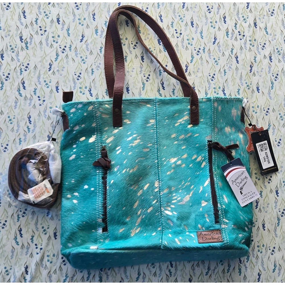 American Darling Turquoise Cowhide Metallic Gold Concealed Carry‎ Tote Bag NWT